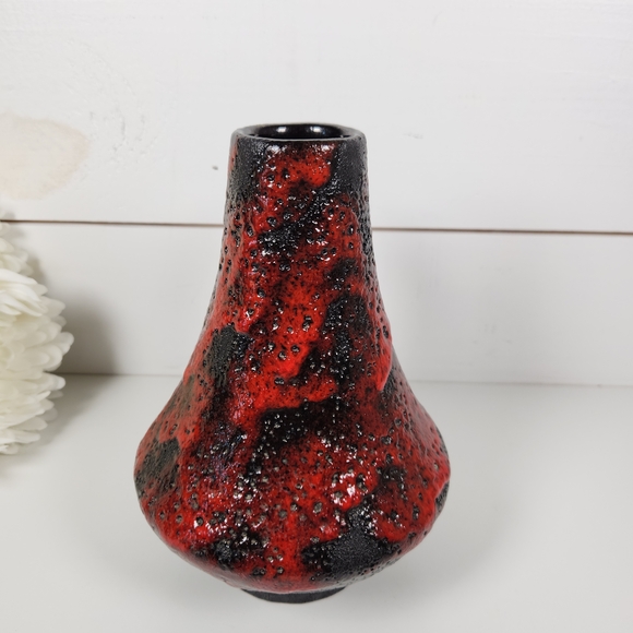 70s West Germany Fat Lava Vase 44-25 | Black & Red Handled Vase | Mid Century - Picture 7 of 12